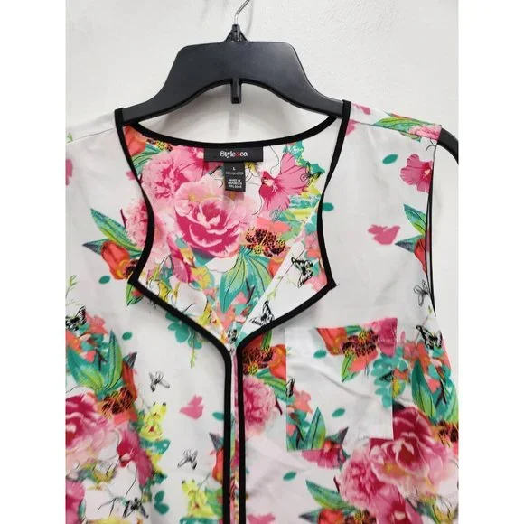 Style & Co Women Sleeveless Blouse Large White Plink Floral Popover Top - Picture 2 of 8